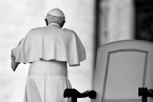 A black and white photo shows Pope Benedict XVI leaving on May 16, 2102 at the end of his weekly general audience in Saint-Peter's square at the Vatican. AFP PHOTO / VINCENZO PINTO (Photo credit should read VINCENZO PINTO/AFP/GettyImages)